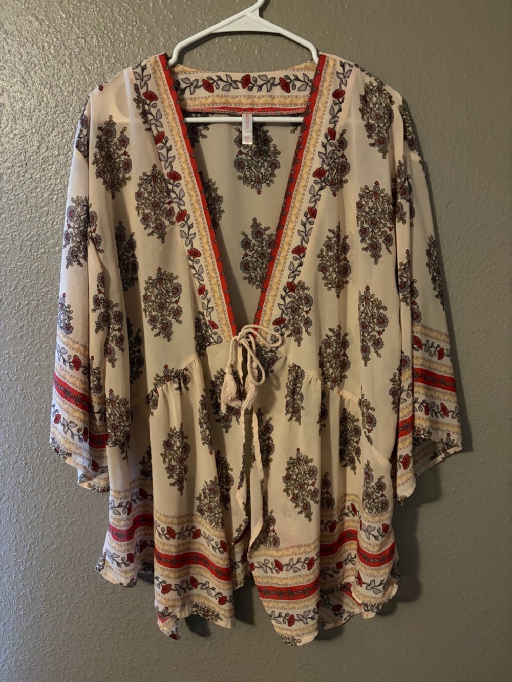 Xhilaration Beige Floral Tie-Front Boho Tunic with Red Trim